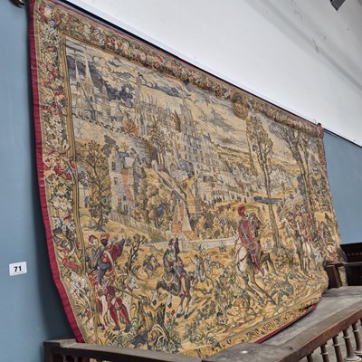 Lot 71 - Two vintage tapestry type hangings, larger 100...