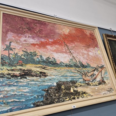Lot 76 - A large impasto painting of a tropical shore...