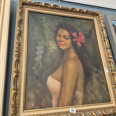 Lot 77 - A young woman with a flower in her hair, oil...