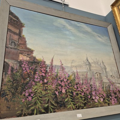Lot 81 - Willowherb with distant buildings and...